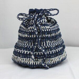 Blue White Beige Patterned Large Crocheted Drawstring Bag